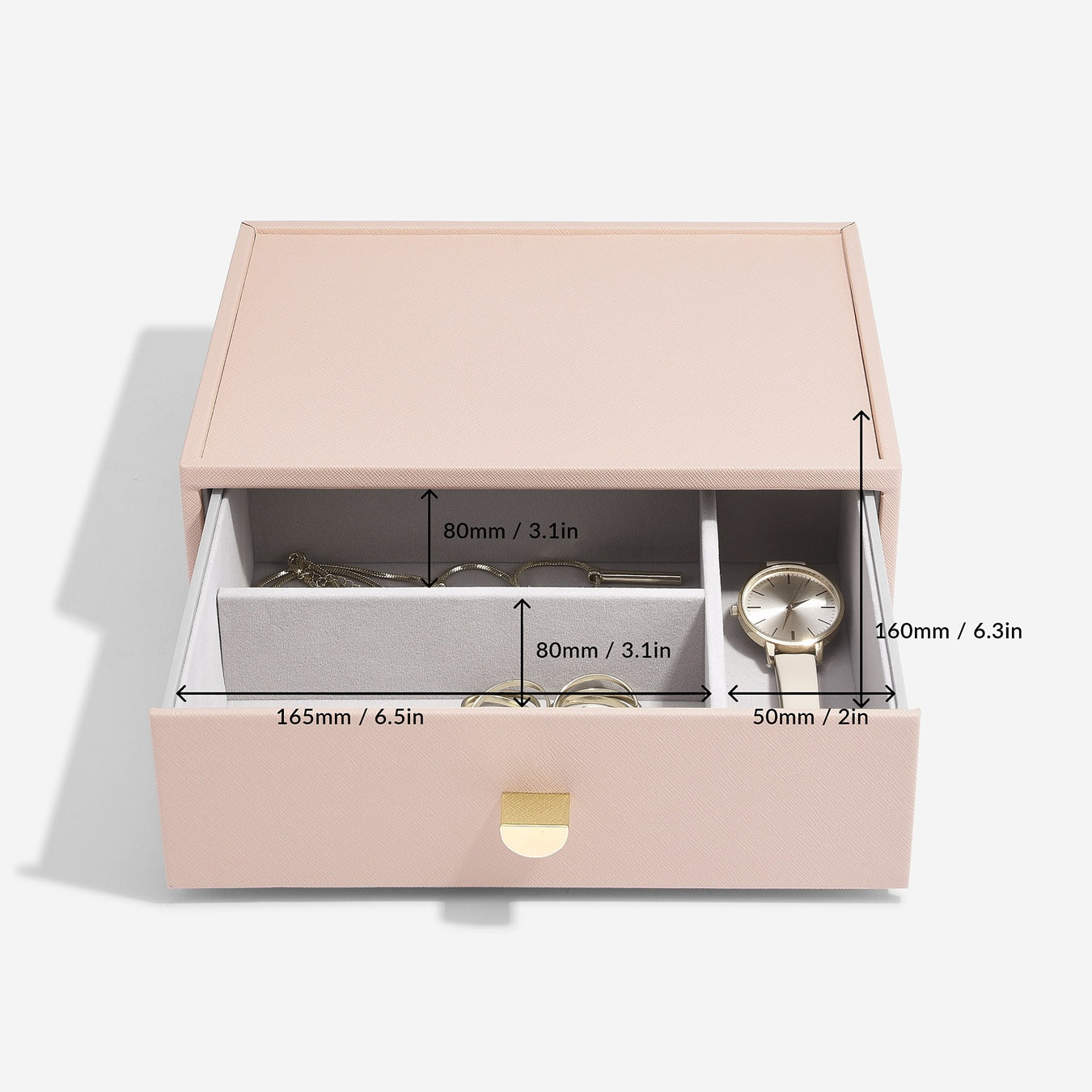 Pink jewelry box with dimensions labeled on a white background