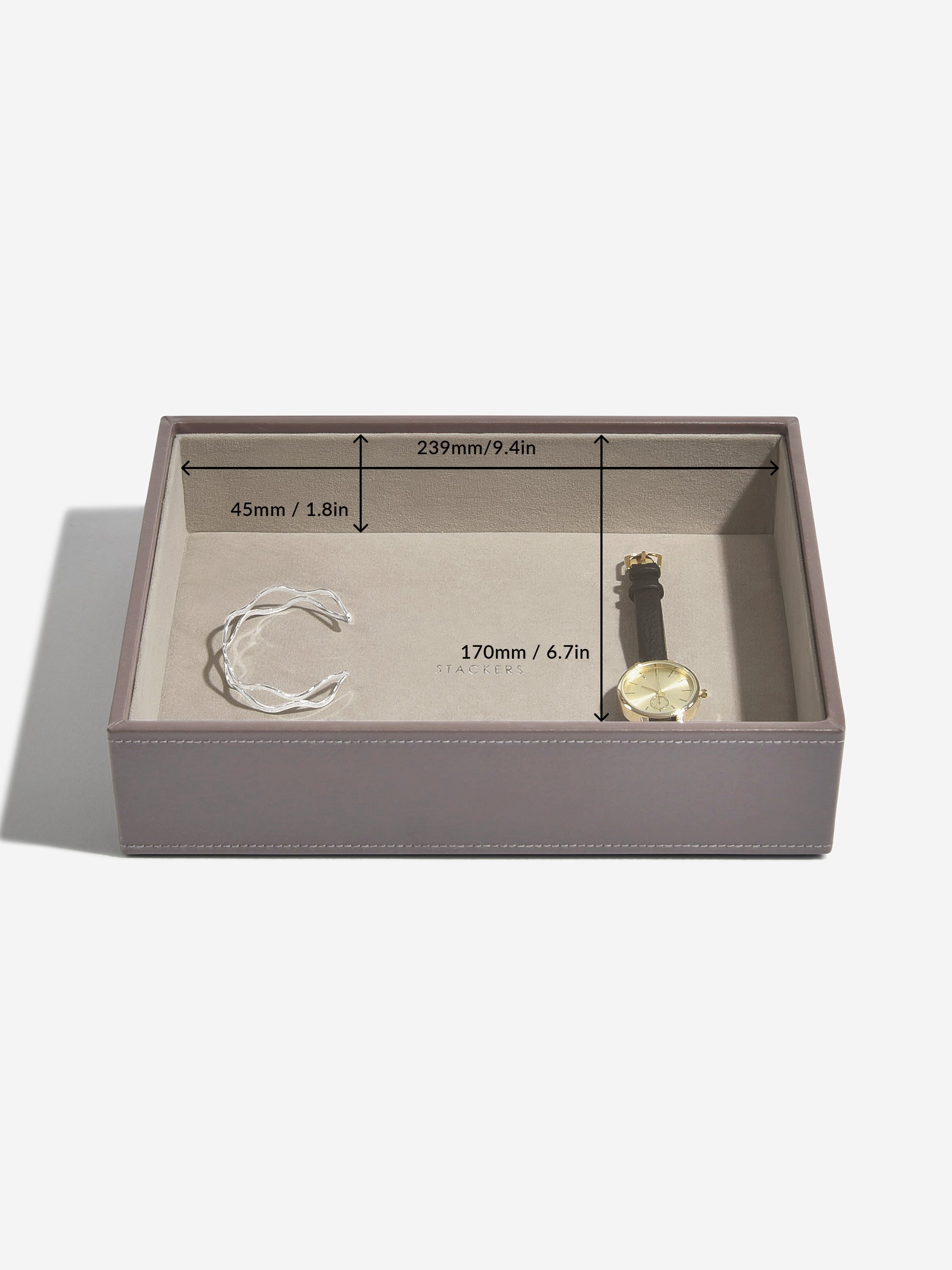 Mink jewelry box with a silver ring and gold watch inside, showing measurements on a white background.